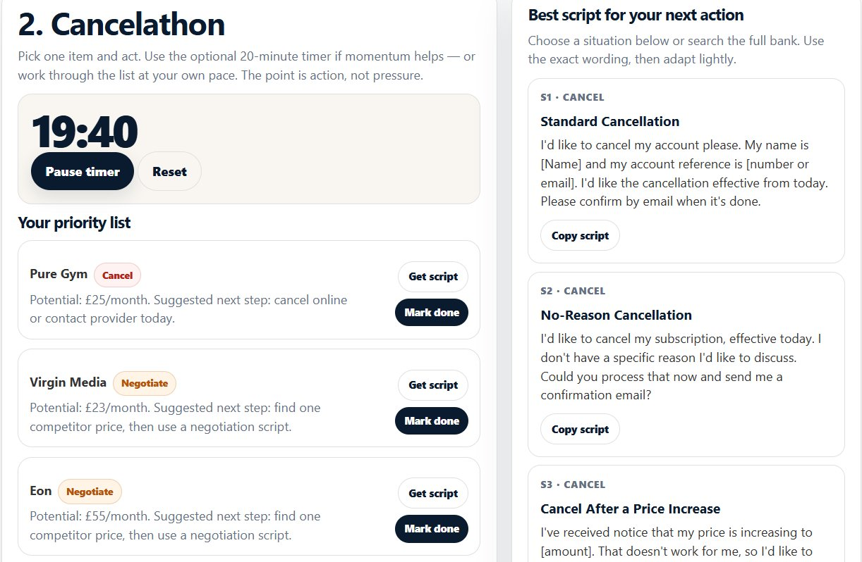 The Cancelathon tab showing a priority list of Pure Gym, Virgin Media, and Eon with action tags, alongside the matching cancellation and negotiation scripts ready to copy.