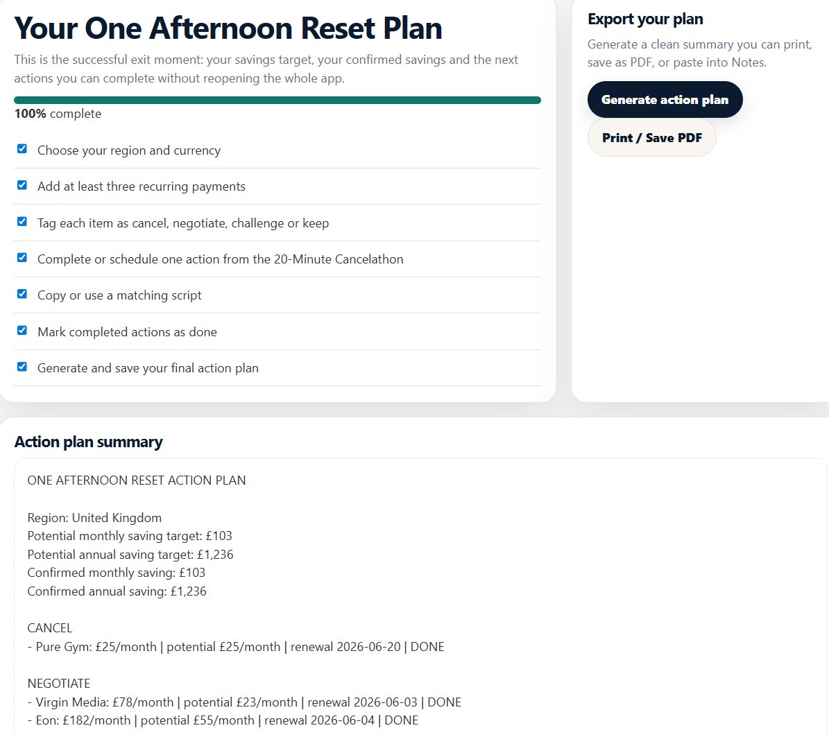 The completed Plan tab showing 100 percent progress, confirmed savings of £103 monthly and £1,236 annually, and a printable action plan summary listing Pure Gym, Virgin Media, and Eon with each action marked done.