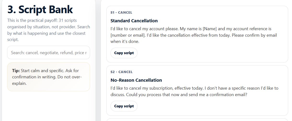 The Script Bank showing 31 scripts organised by situation, with Standard Cancellation and No-Reason Cancellation examples and one-tap Copy script buttons.