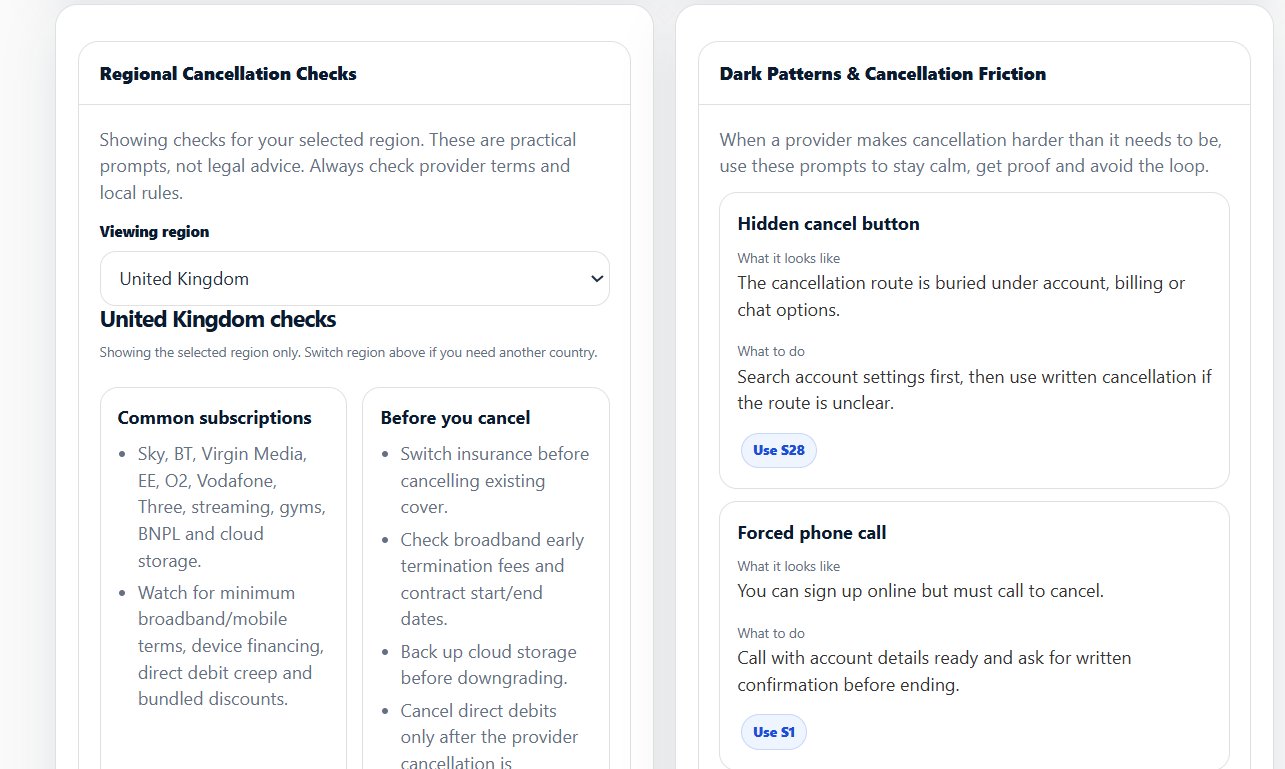 The Support tab showing Regional Cancellation Checks for the United Kingdom alongside the Dark Patterns and Cancellation Friction guide naming the hidden cancel button and forced phone call traps.